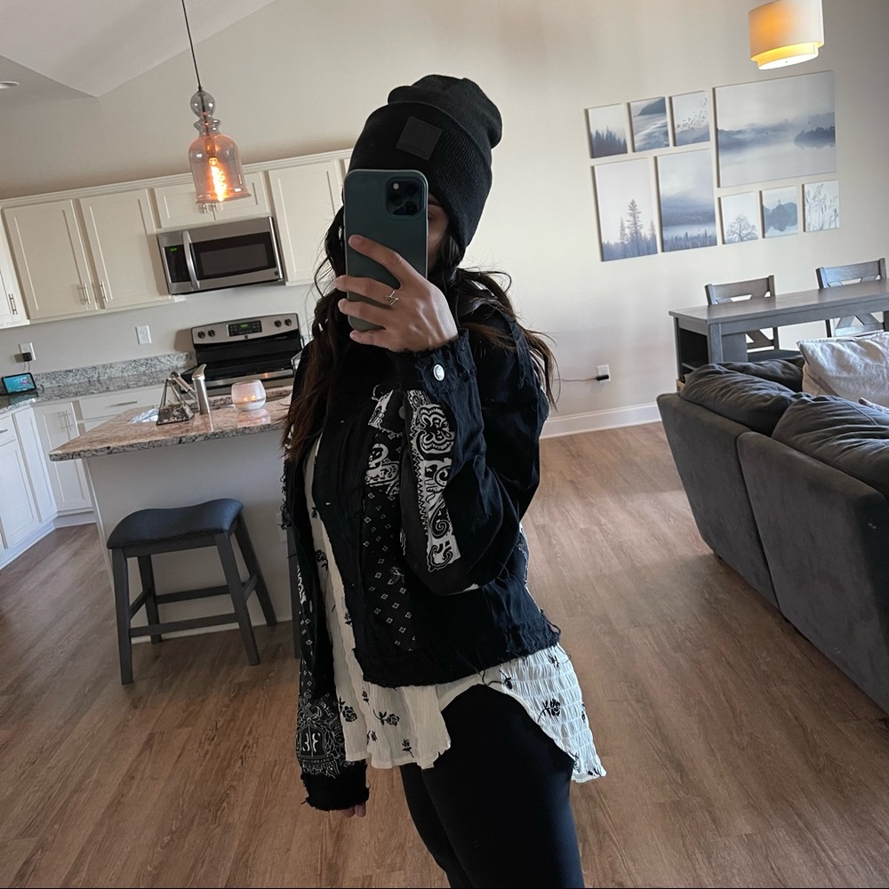 West Side Black Bandana Distressed Denim Jacket - Picture 10 of 14